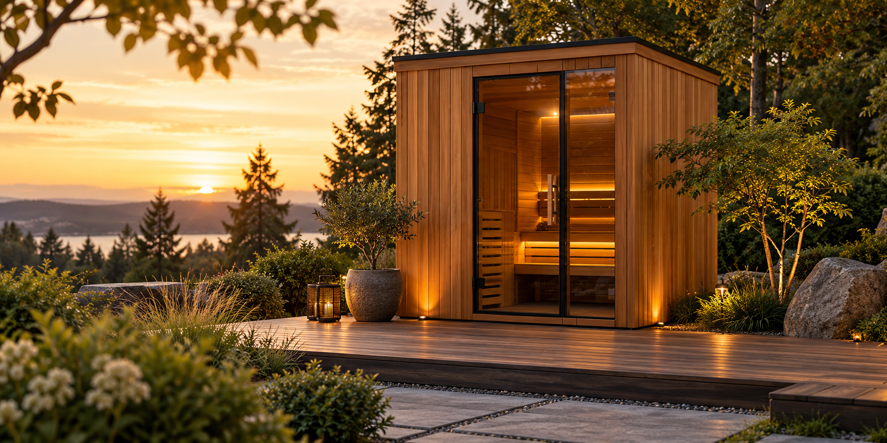 Cedar outdoor sauna in a landscaped garden at golden hour